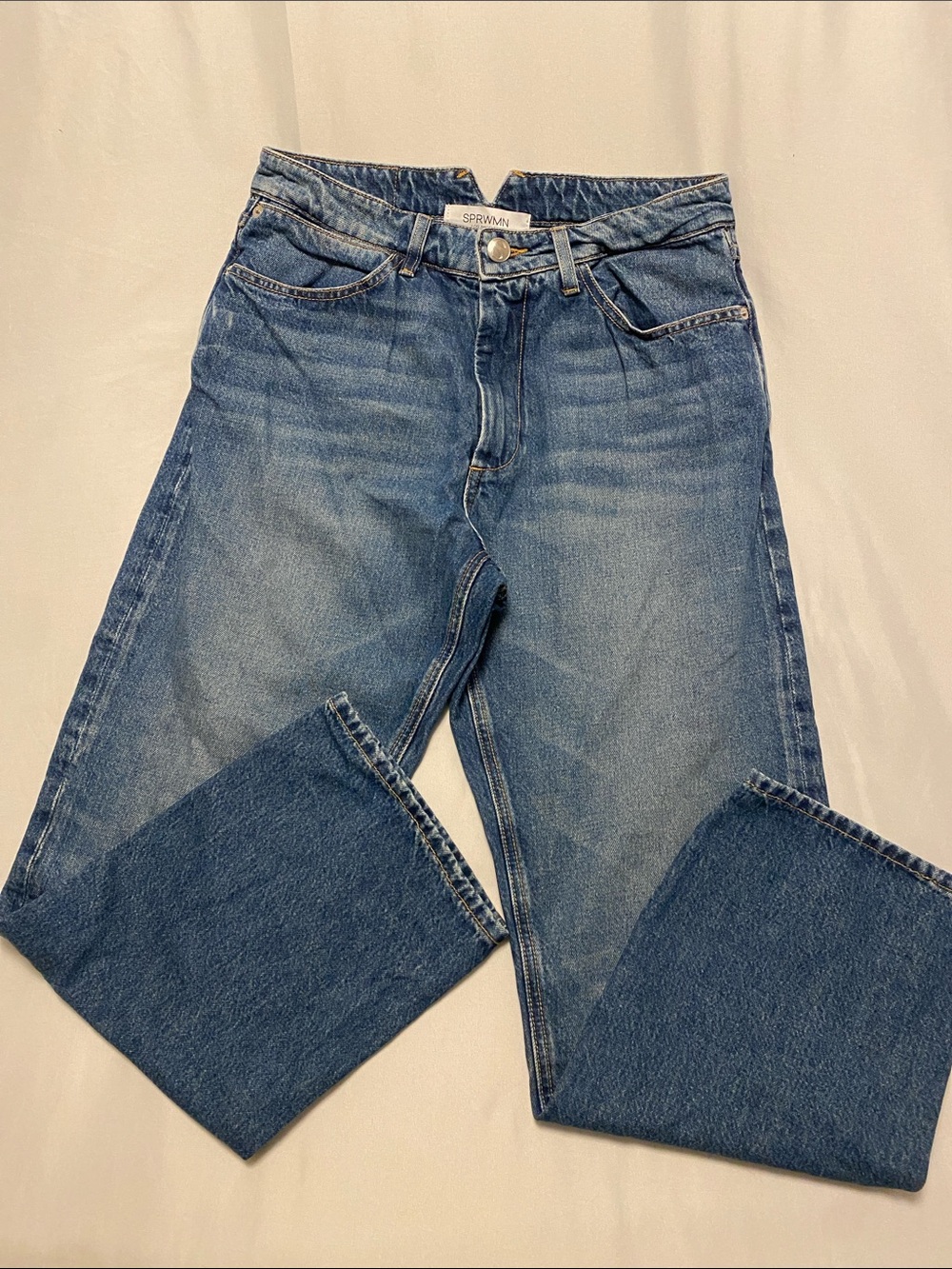 SPRWMN Los Angeles High Waist Denim Jeans in Medium Blue. 29
